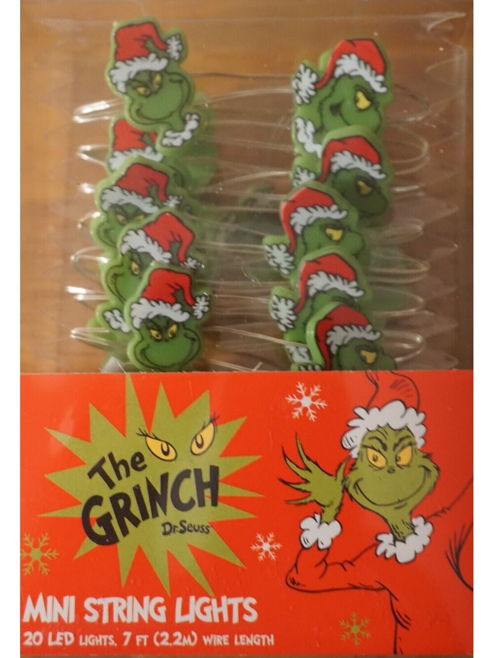 Mini Grinch String Lights 20 LED 7 Foot Long Christmas Tree Dr. Seuss Decor NEW
